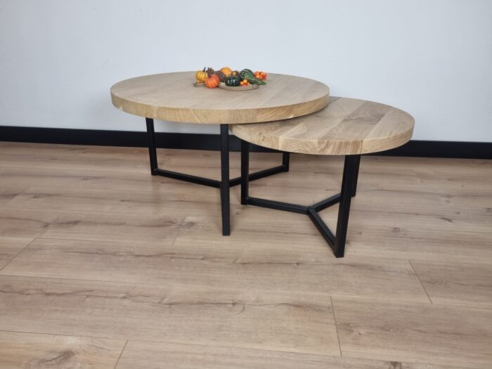 Eiken ronde salontafel set tripod onderstel - Afbeelding 1
